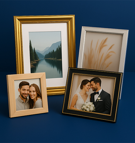 stylish photo frames in A4, 4x4, 6x4, and 8x6 sizes with gold accents, wooden textures, and acrylic finishes