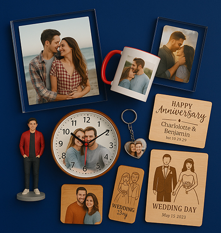 Personalized gift items on a deep blue background, including acrylic photo frames, printed mugs, wooden engraved frames, Mini Me figurines, custom photo clocks, keychains, and wedding and anniversary gifts